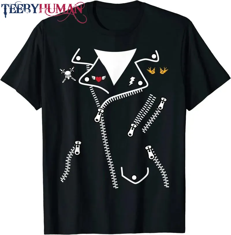 Biker Jacket Skull Heart Bird Patches Cool Halloween Gift Unisex Tee Hoodie Classic T Shirt 1662618994902