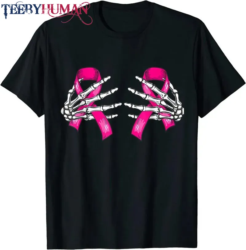 Boob Skeleton Hand On Breast Cancer Ribbon Halloween Womens Unisex Tee Hoodie Classic T Shirt 1662620218109