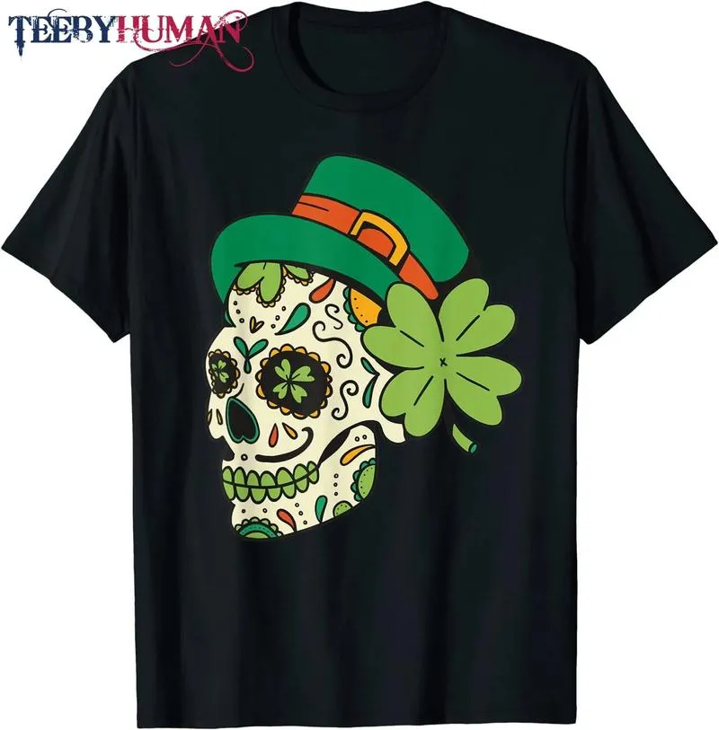 St Patricks Day Clover And Sugar Skull Leprechaun T Shirt 1664510907891