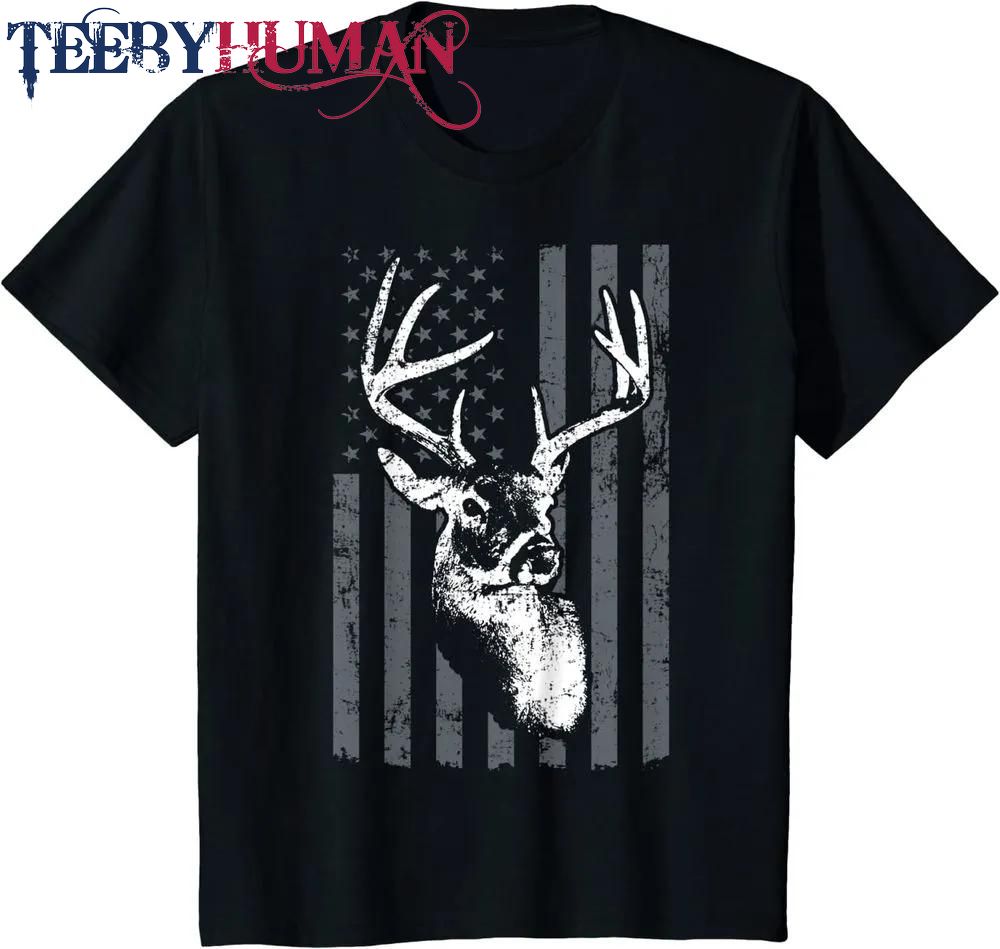 Whitetail Buck Deer Hunting Usa Grey American Flag Classic T Shirt Unisex Hoodie Sweatshirt 1661511080621