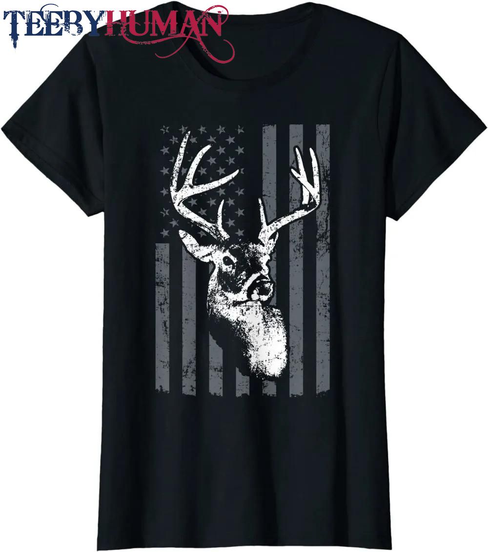Whitetail Buck Deer Hunting Usa Grey American Flag Classic T Shirt Unisex Hoodie Sweatshirt 1661511081252